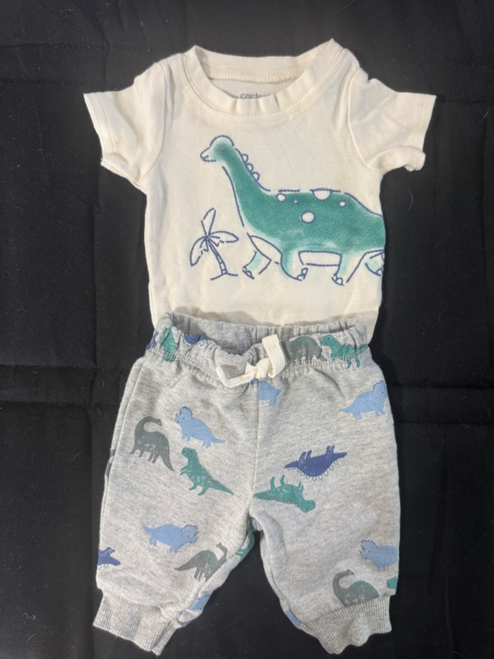 Carter's Cream Top with Green Dinosaur and Gray Dino Print Pants